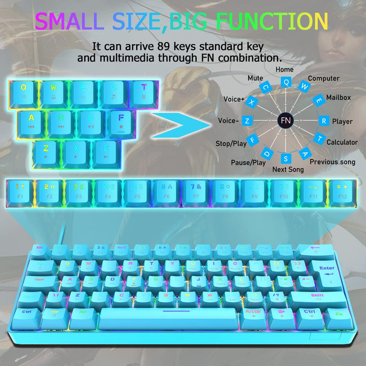 Mini 60% RGB Gaming-Tastatur,Mechanischer Blaue Schalter mit Kompakten 62 Tasten,18 RGB LED-Chroma-H