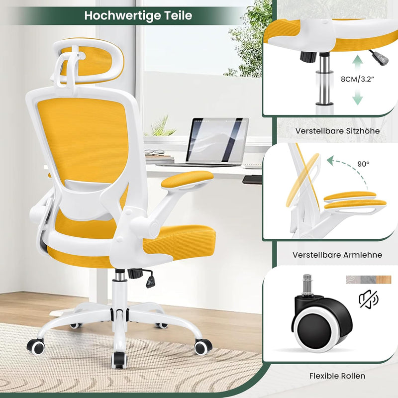 KERDOM Bürostuhl Schreibtischstuhl Ergonomisch mit Verstellbarer Kopfstütze 9060H-C Gelb, 9060H-C Ge