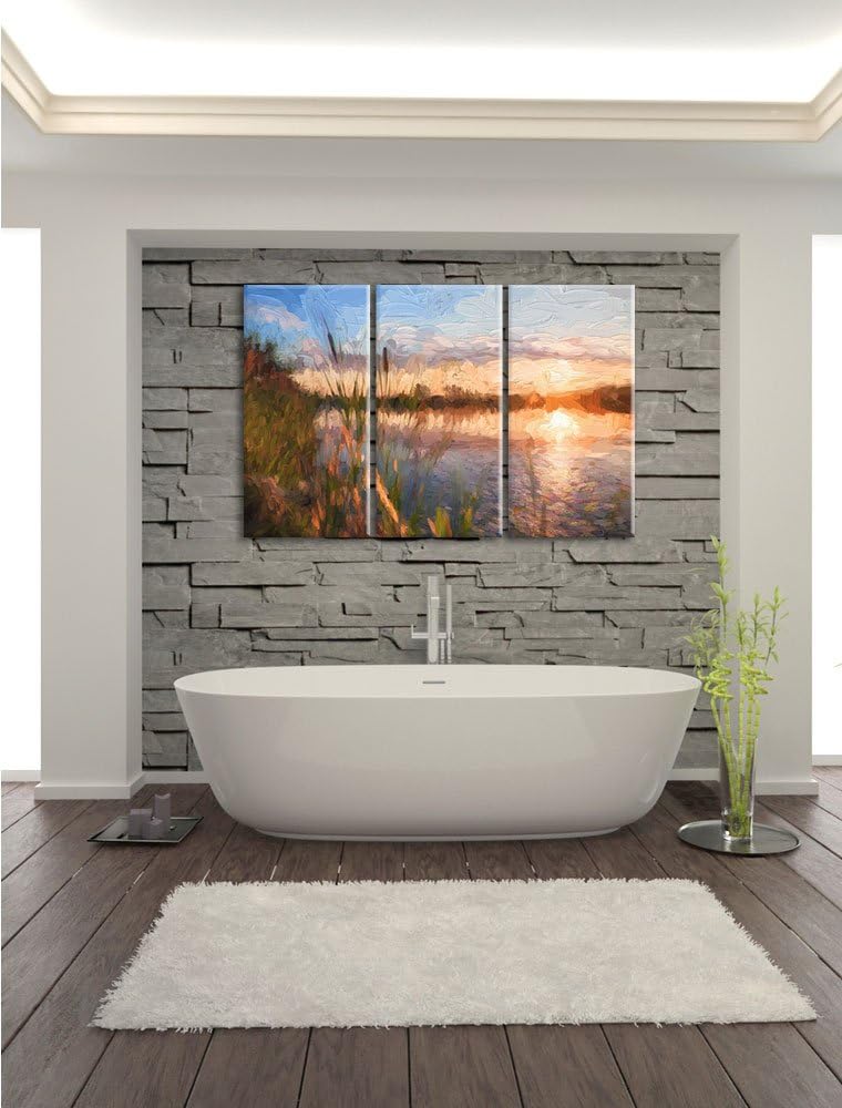 Pixxprint Sonniger Morgen am See Pinsel Effekt 3-Teiler Leinwandbild 120x80 Bild auf Leinwand