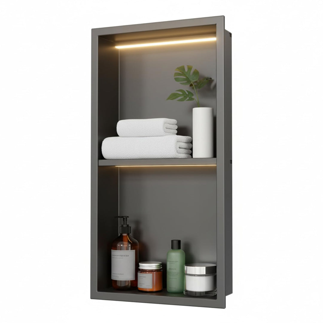 Zyncove Wandnische Dusche mit LED-Beleuchtung (4000K Warmweiss), 304 Edelstahl Duschnische mit Ablag