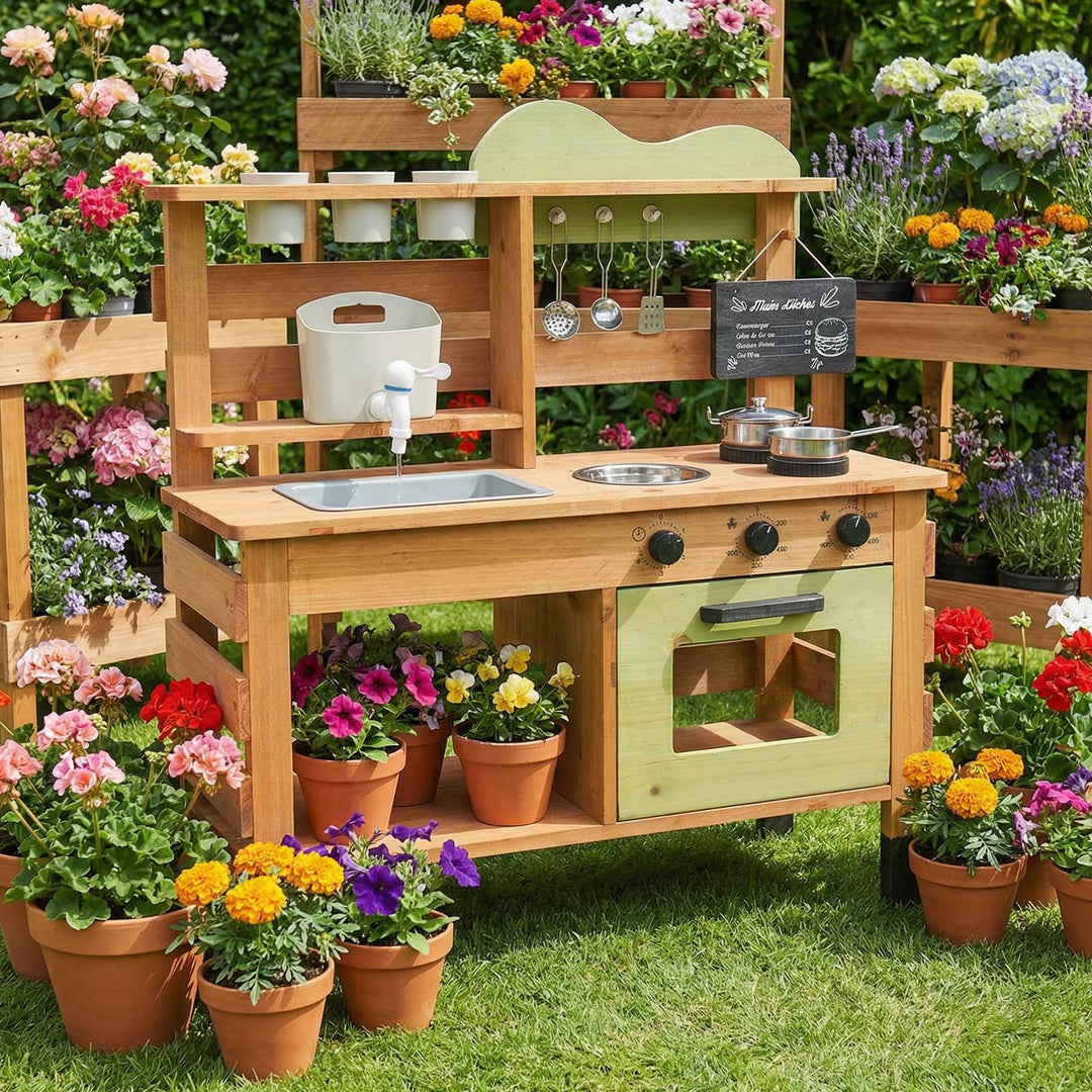 Outdoor Spielküche Gartenspielküche Matschküche Kinder Outdoor Mit Tafel, Wasserkocher, Spüle, Holzp