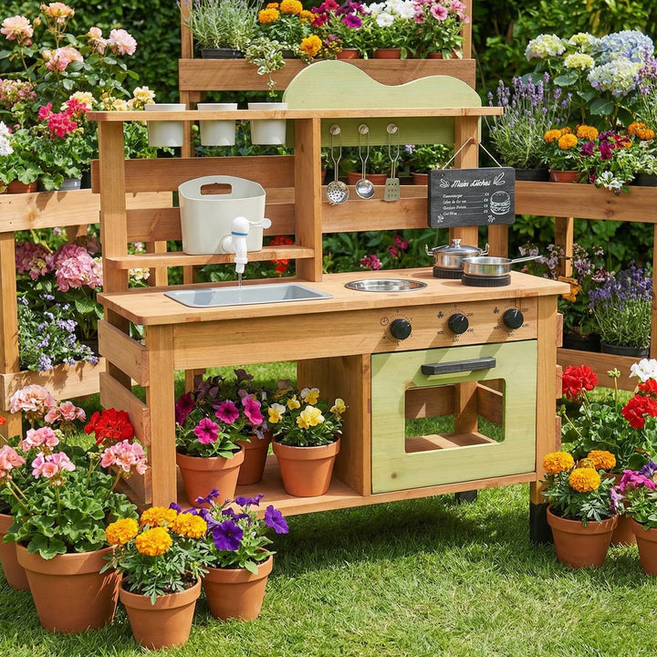 Outdoor Spielküche Gartenspielküche Matschküche Kinder Outdoor Mit Tafel, Wasserkocher, Spüle, Holzp