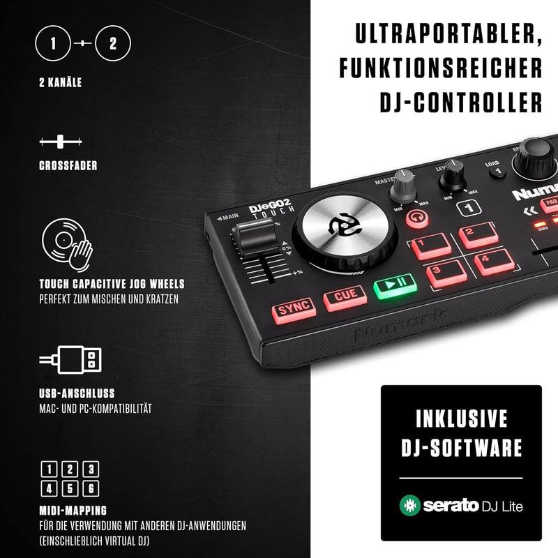 Numark DJ Mini Paket - DJ2GO2 Touch Mini DJ Controller mit 2-Deck USB DJ Pult, Audio Interface, kapa