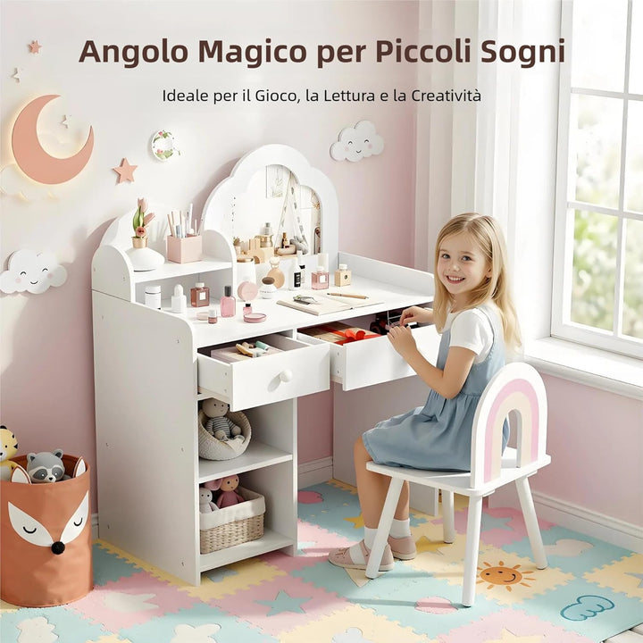 Clevich Schminktisch Kinder Set, 2 in 1 Kinderschminktisch mit Spiegel, 2 Schubladen, Schliessfächer