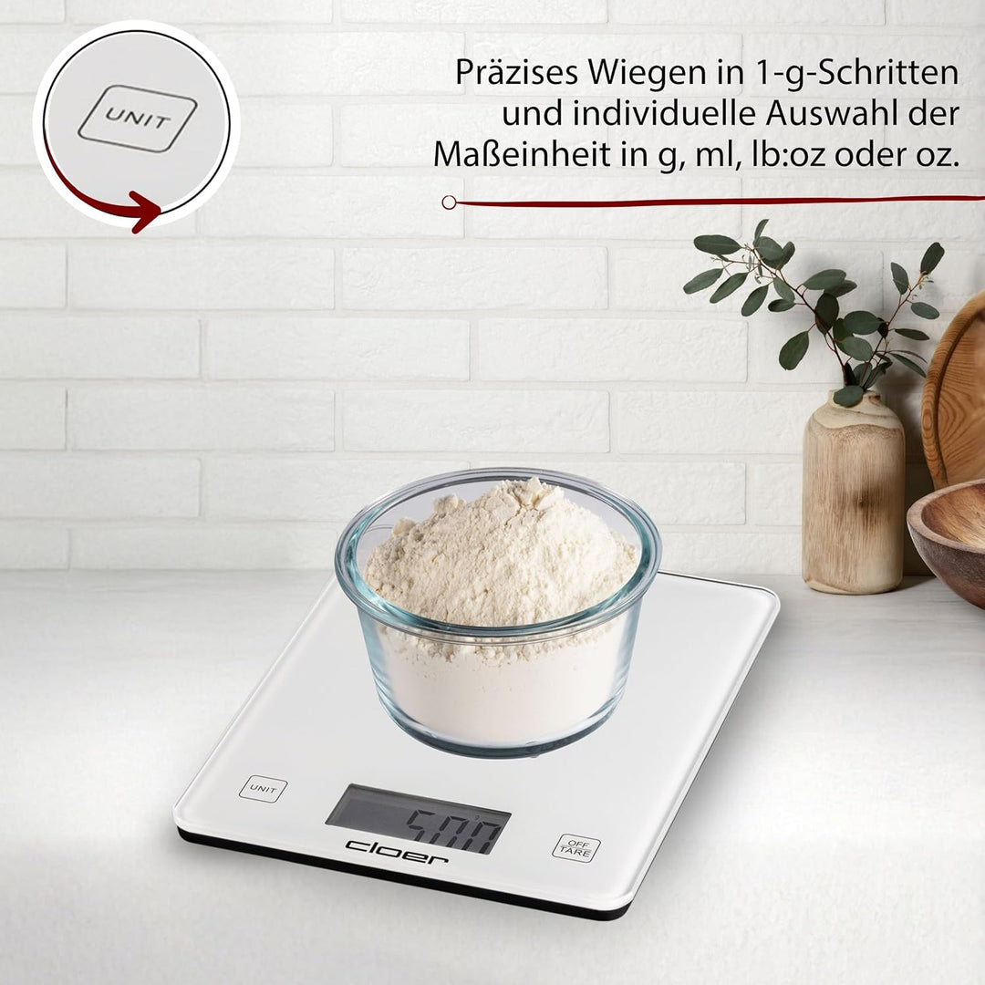 Cloer 6871 Digitale Küchenwaage für bis zu 10 kg, Zuwiegefunktion, Gewichtsmessung in 1 g Schritten,