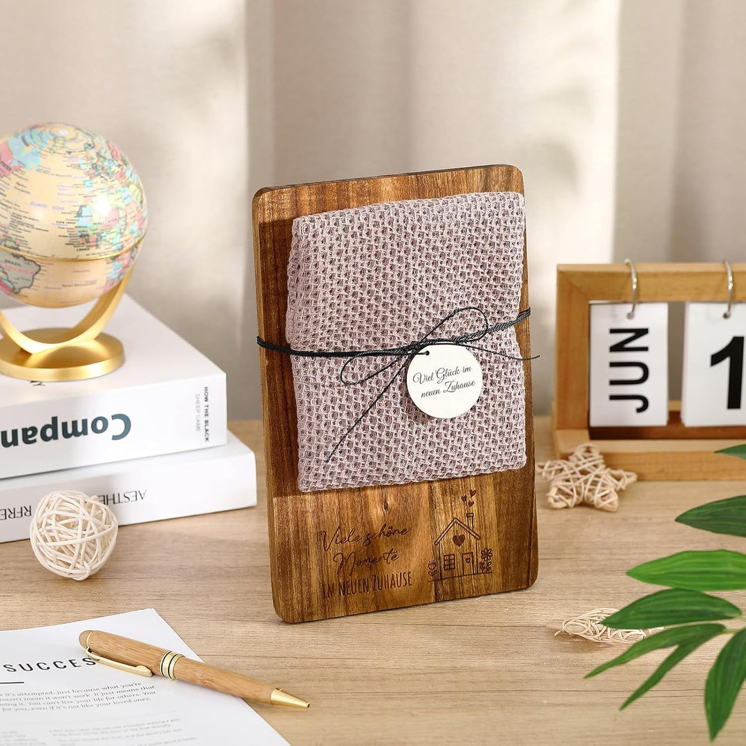 Xuniea Einweihungsgeschenk 23 x 15 cm Holz Frühstücksbrett Baumwolle Küchentuch Neues Zuhause Gesche
