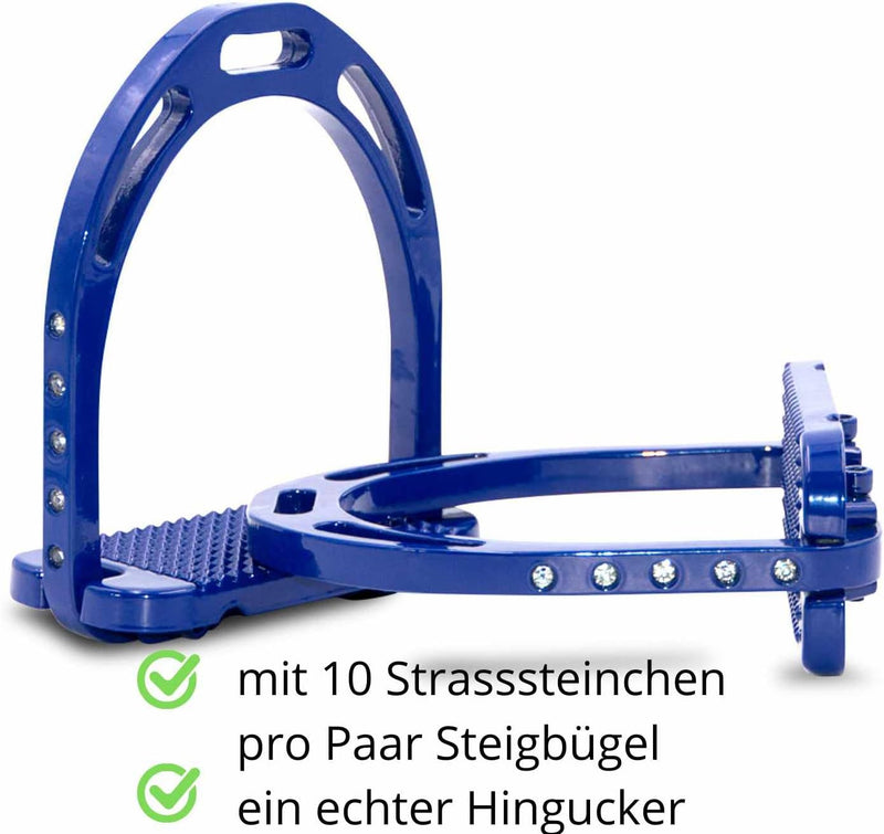 AMKA Steigbügel aus Aluminium mit Strass Steinen, extra leicht, breite Trittfläche blau