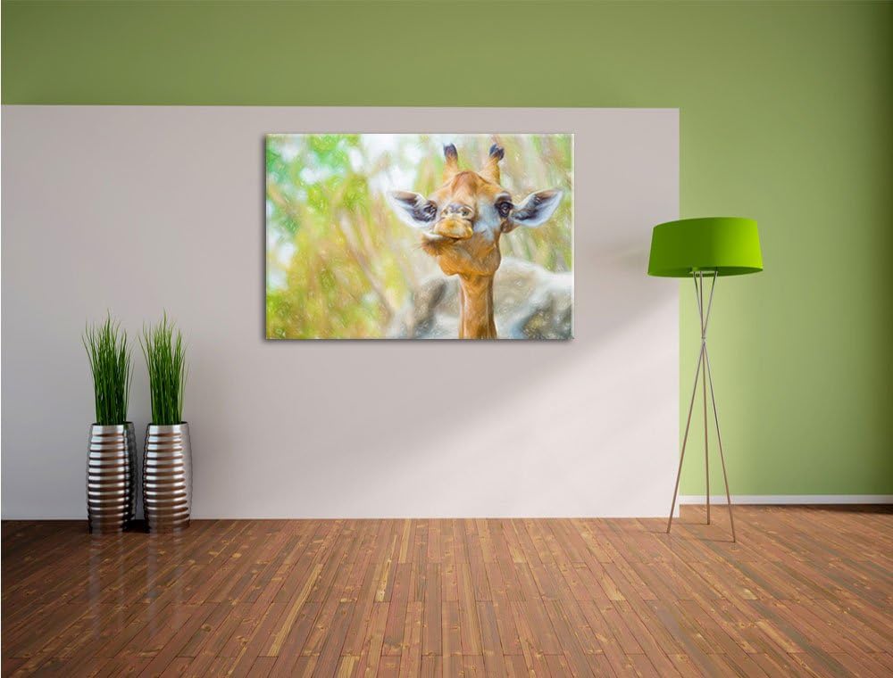 Pixxprint Giraffe in der Natur Kunst Buntstift Effekt, Format: 100x70 auf Leinwand, XXL riesige Bild