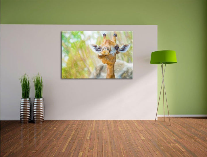 Pixxprint Giraffe in der Natur Kunst Buntstift Effekt, Format: 100x70 auf Leinwand, XXL riesige Bild