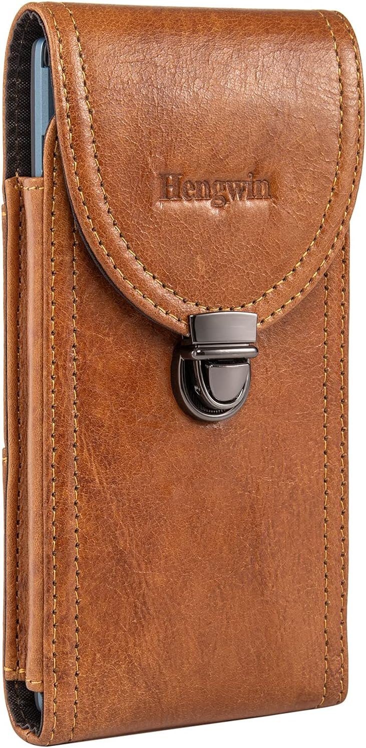 hengwin Horizontal Echtes Leder Handy Holster für iPhone 15 14 Pro Max, 14 Plus, Gürtelclip Gürtelta