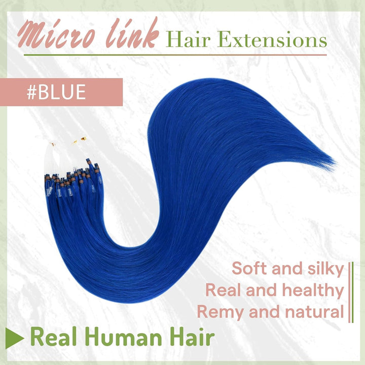 RUNATURE Microring Extensions Echthaar Blau 40cm Remy Glatt Bunt Haarverlangerung 25g #Blau 40CM 2-M