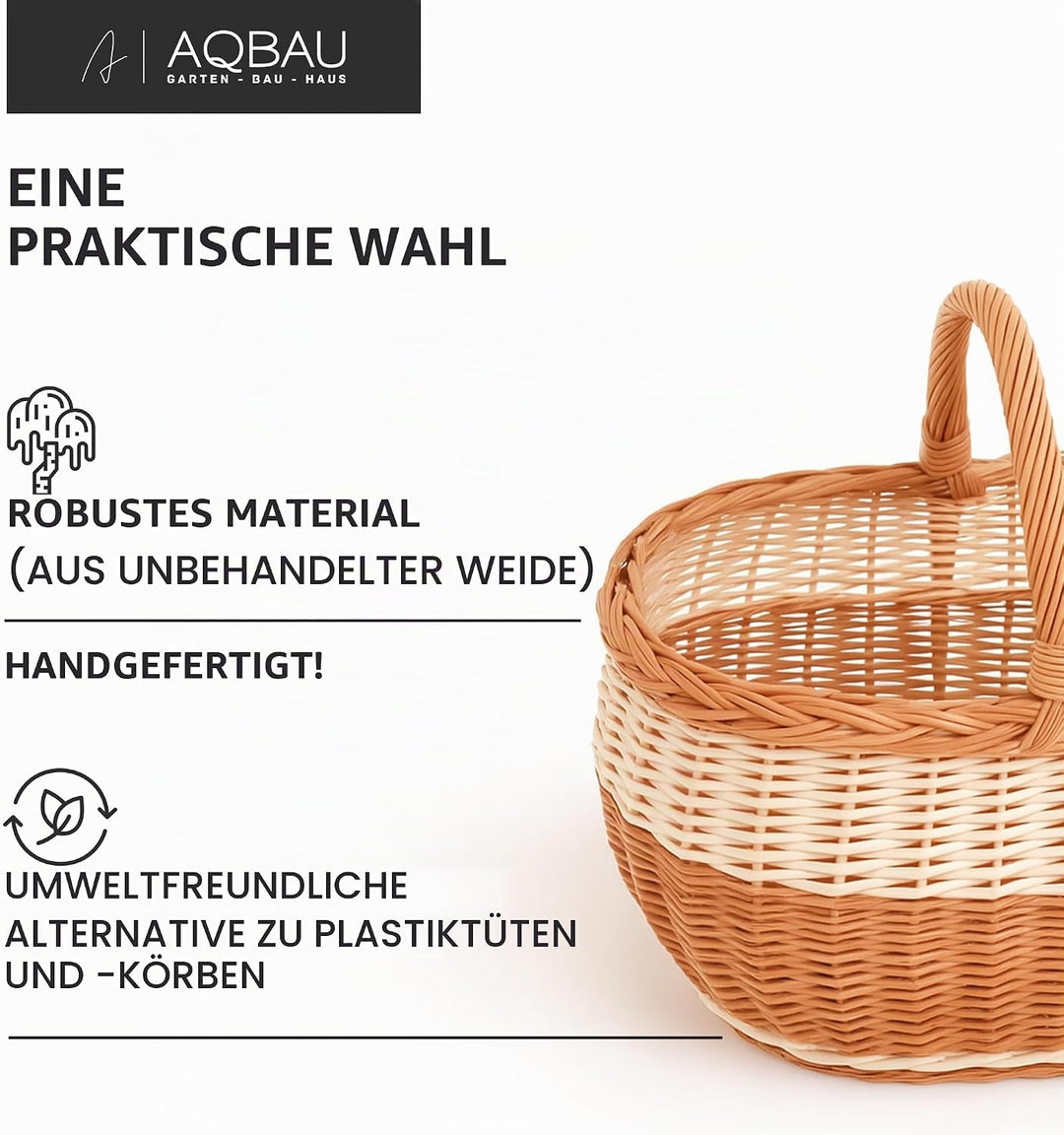 Natural Henkelkorb 42 x 35,5 x 33 cm Einkaufskorb gross geflochten, Weidenkorb, Tragekorb mit henkel