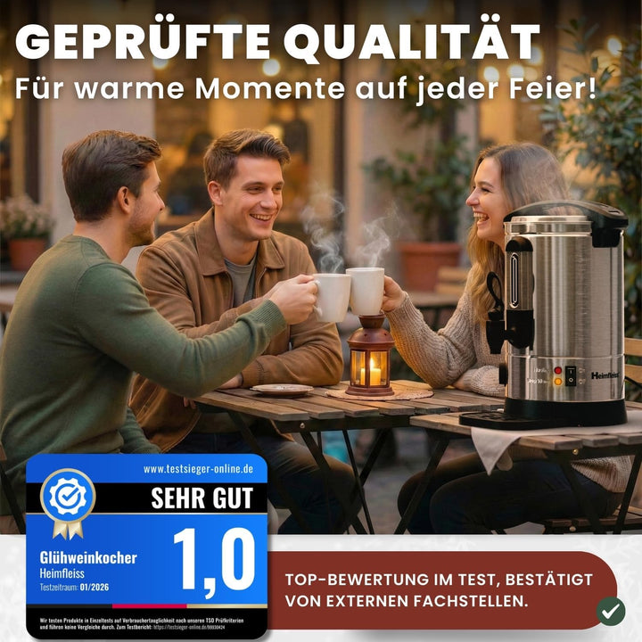 Heimfleiss® Glühweinkocher 6,8L aus Edelstahl | 1500W Einkochautomat für Glühwein, Punsch & Wasser |
