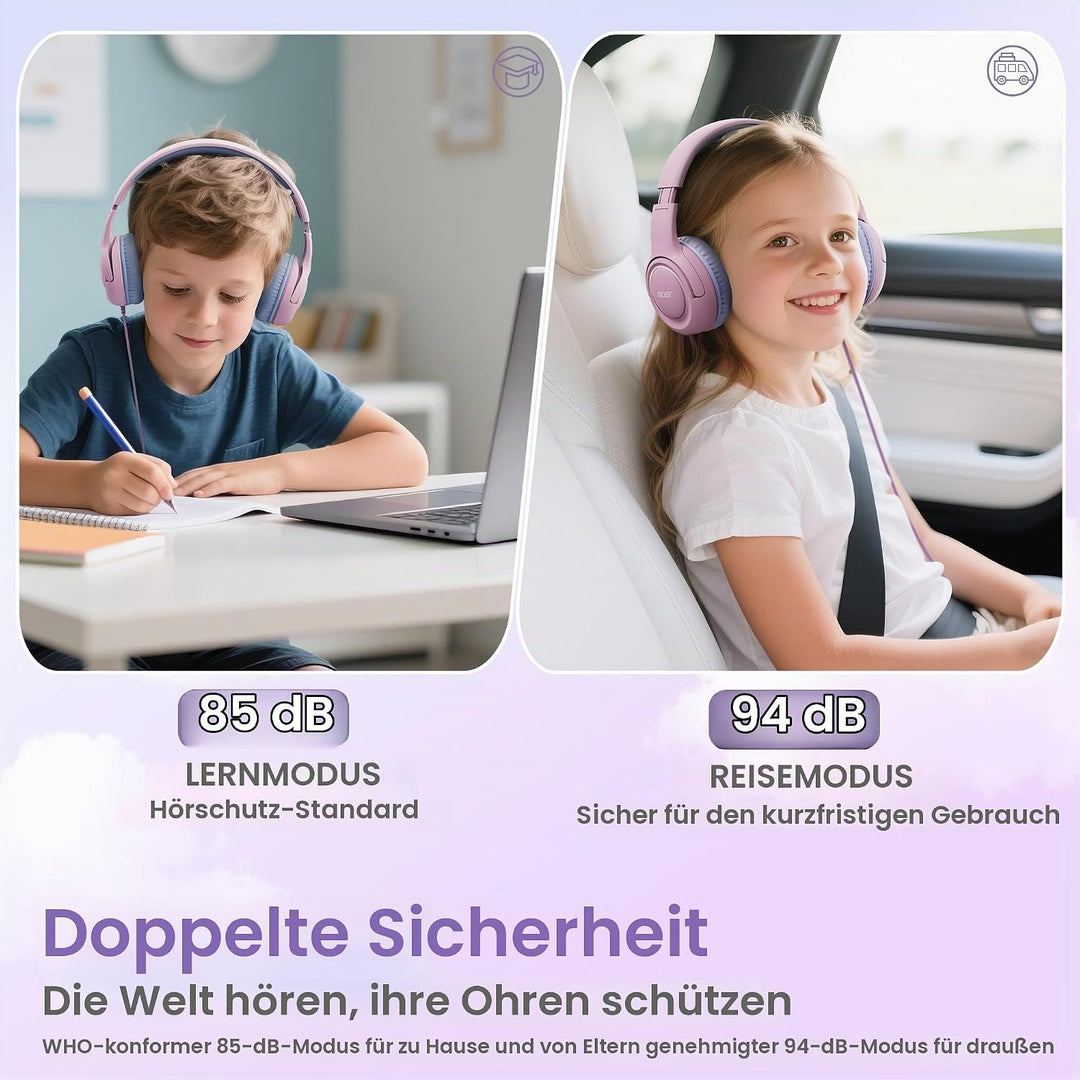 Acer Kopfhörer Kinder mit 3,5 mm Kabel, 85/94dB Lautstärkebegrenzung Hellrosa Lila, Hellrosa Lila