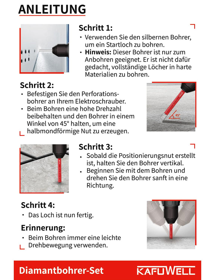 Fliesenbohrer Diamantbohrer Profi-Set 6tlg, 5-12mm Glasbohrer & 6mm Karbid-Anbohrer, 1/4" Sechskant