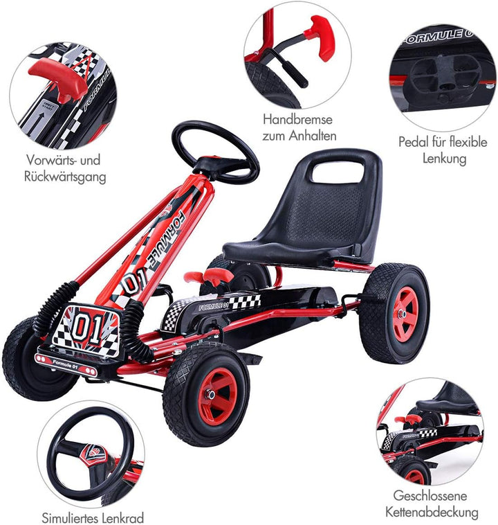 DREAMADE Kinder Go Kart Tretfahrzeug, Tretauto mit Bremsen, Kinderfahrzeug Pedalfahrzeug mit Verstel