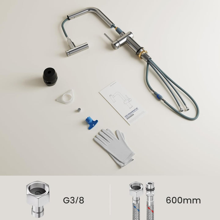 CECIPA Wasserhahn Küche Ausziehbar, Edelstahl Küchenarmatur mit Brause Zwei Wasserstrahlarten, Hochd