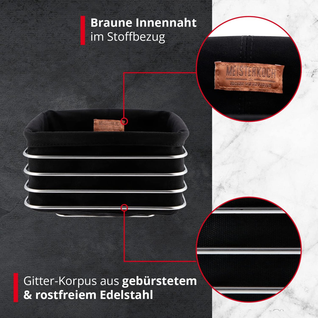 Meisterkoch Brotkorb aus Metall mit Stoffeinsatz, eckig 20x20 cm, Brötchenkorb aus Edelstahl, Stoffe