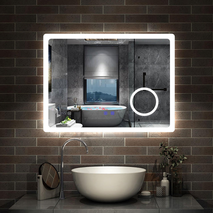 Badspiegel mit Bluetooth 80×60cm Uhr Schminkspeigel Kalt/Neutral/Warmweiss dimmbar Touch/Wandschalte