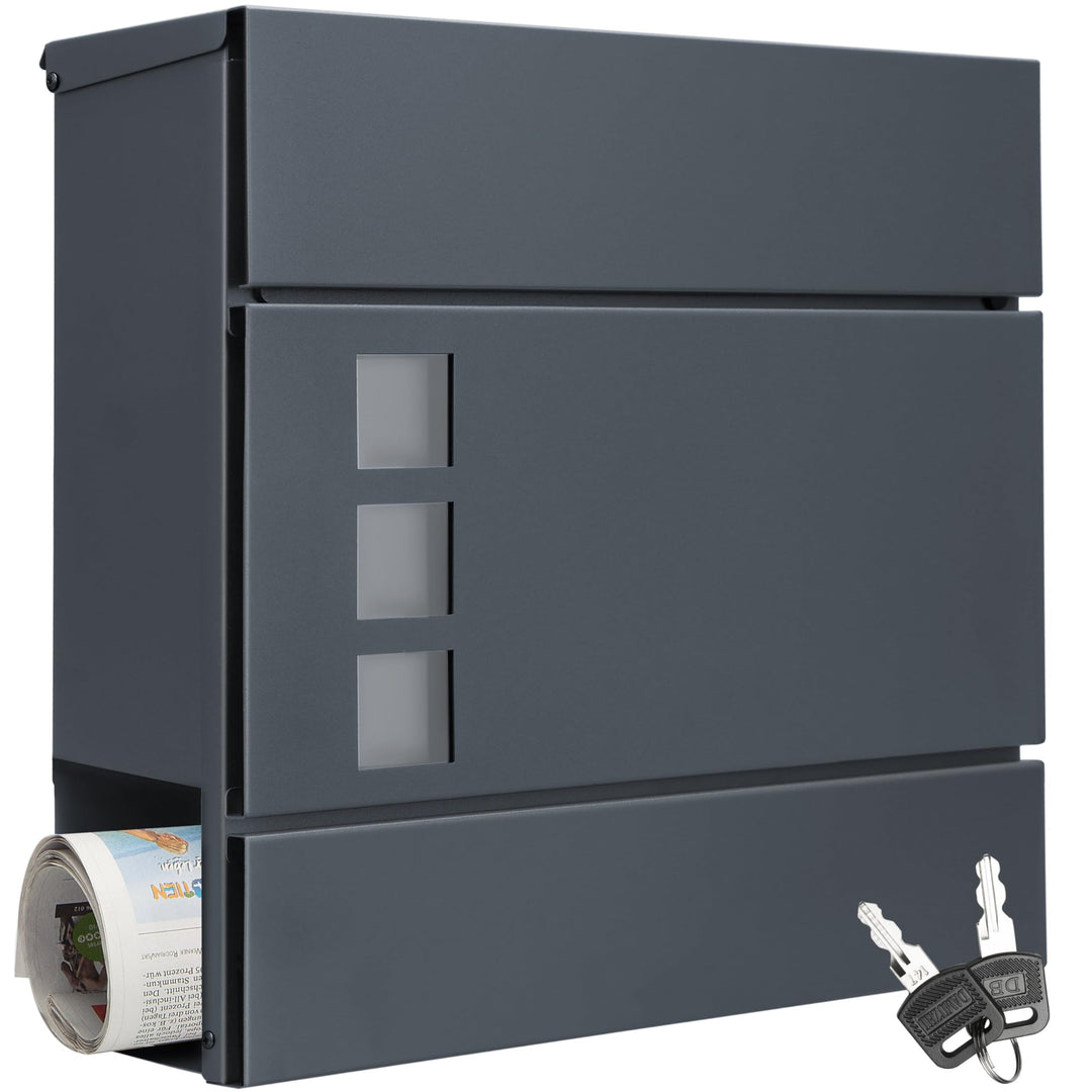 MONZANA® Briefkasten Design Stahl mit Zeitungsfach Sichtfenster 2 Schlüssel Zeitungsrolle Wandbriefk