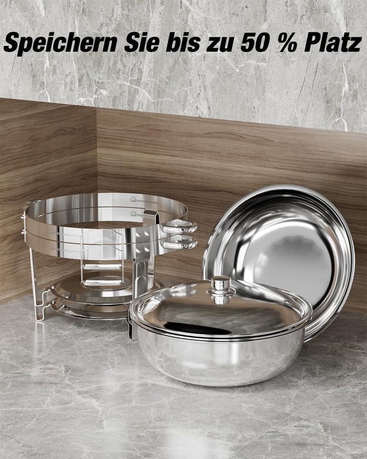 WARMOUNTS Rund Chafing Dish Buffet 2er Set 5L, Speisenwärmer für Catering mit Glasdeckel & Deckelhal