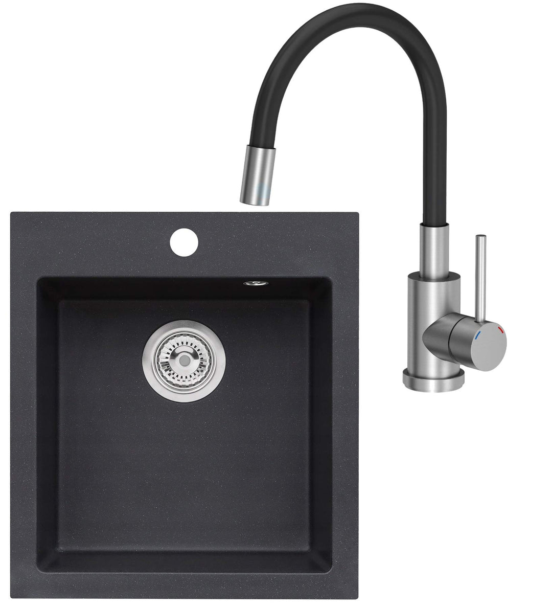 VBChome Spülbecken mit Armatur 45 x 50 cm Schwarz Einzelbecken Einbauspüle Spüle Küchenspüle Spültis