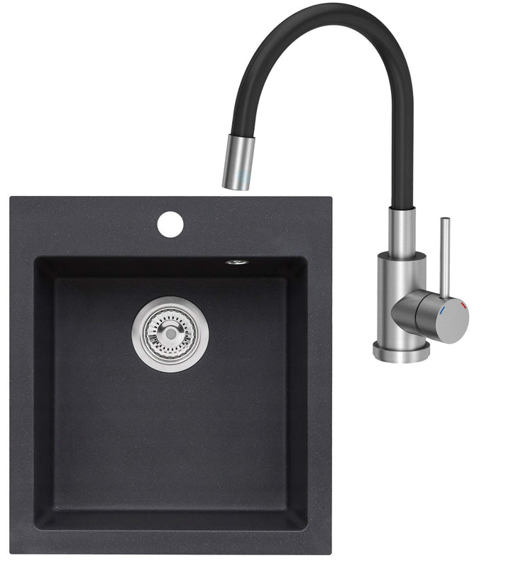 VBChome Spülbecken mit Armatur 45 x 50 cm Schwarz Einzelbecken Einbauspüle Spüle Küchenspüle Spültis