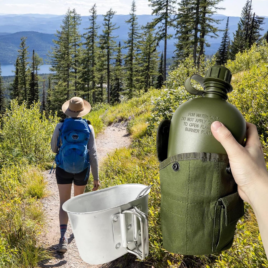 BeGrit Feldflaschenbecher Tragbar 1L Militär Überleben Trinkflasche Camping Wasserflasche mit Alumin