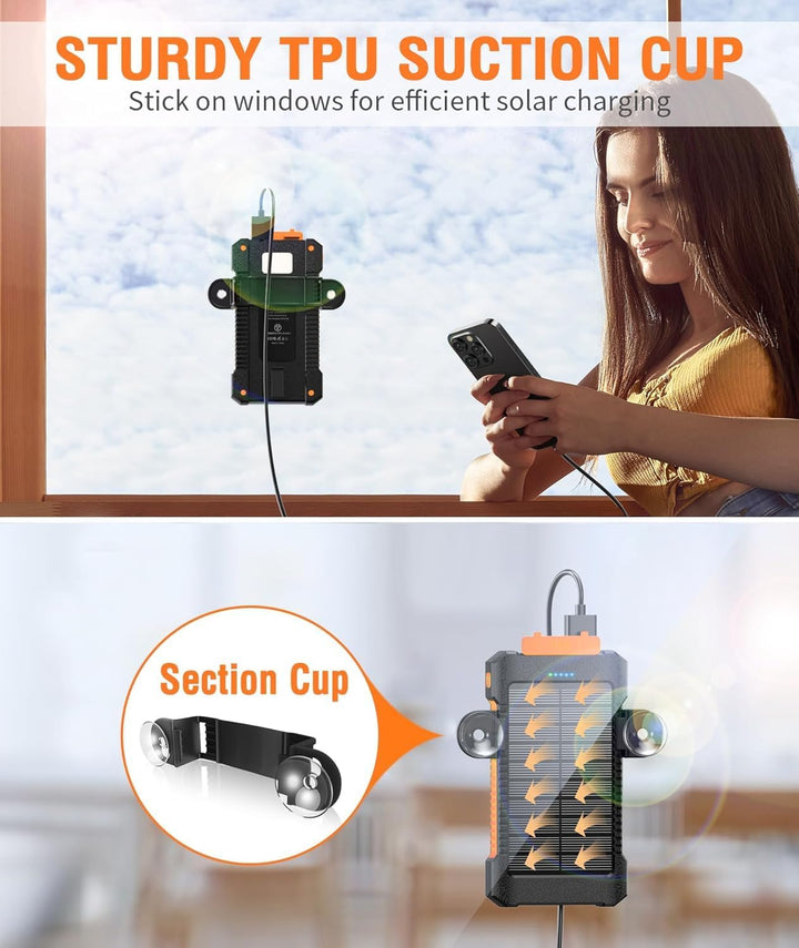 Solar Powerbank 26800 mAh mit Saugnapfhalterung, Powerbank Externe Akkus 3 USB Anschlüsse mit Tasche
