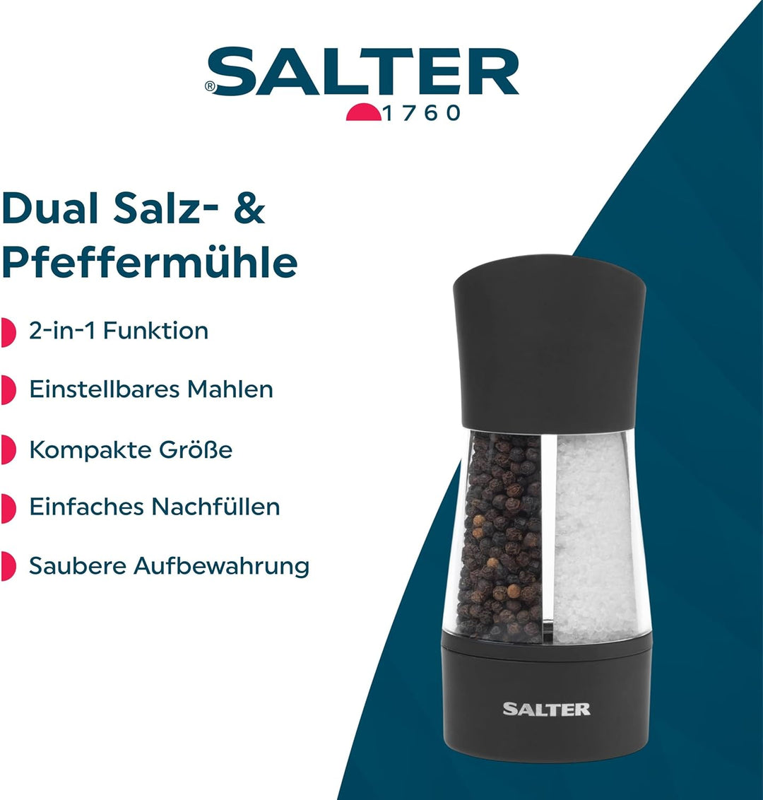 Salter 7612 BKXRA 2-in-1 Salz- & Pfeffermühle - Dual Küchenmühle, Doppelseitige Gewürzmühle, Twist-