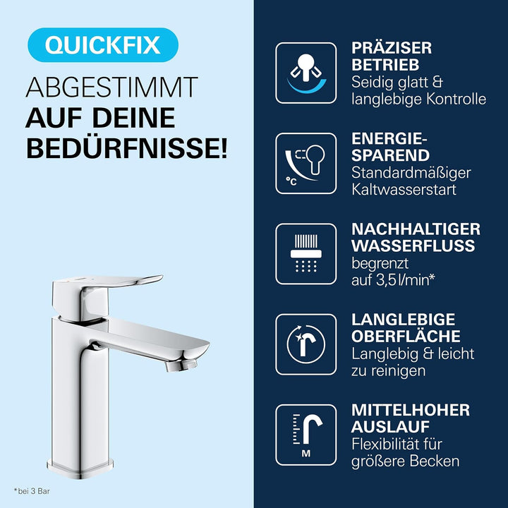 GROHE Dice, energiesparende Waschtischarmatur, Kaltwasser in Mittelstellung (3,5l/min, Wasserhahn fü
