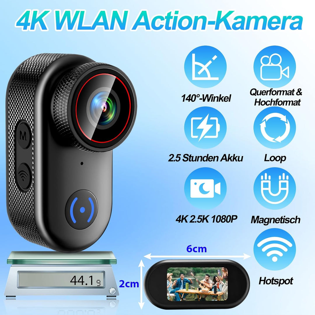 Mini Action Kamera 4K 44g Helmkamera Bodycam Motorrad Outdoor | 1,47 Zoll Display, Vertikalmodus, 14