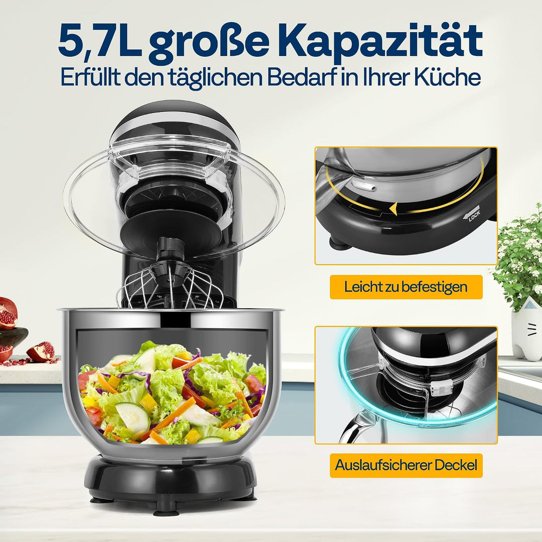 VIVOHOME Küchenmaschine 5,7L Knetmaschine 1500W Küchenmaschinen mit 10 Geschwindigkeiten Pulsfunktio