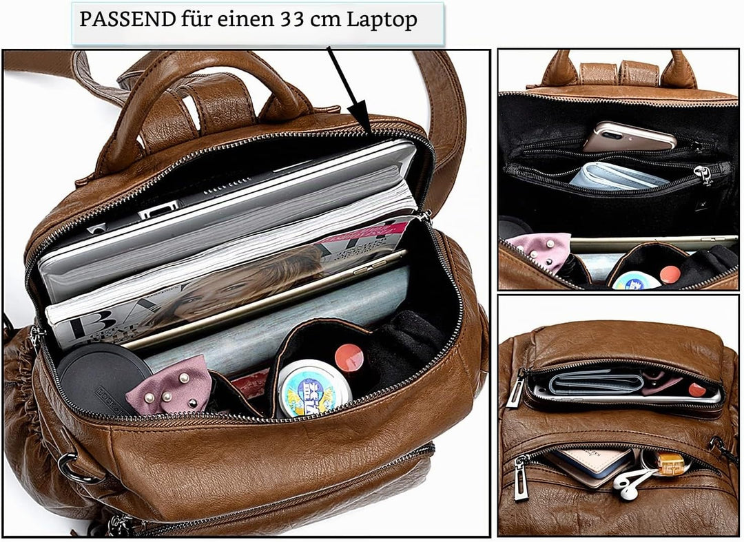 UTO Damen Rucksack PU Washed Leder Modischer Multifunktionsrucksack mit Quastendesign Lässige Schult