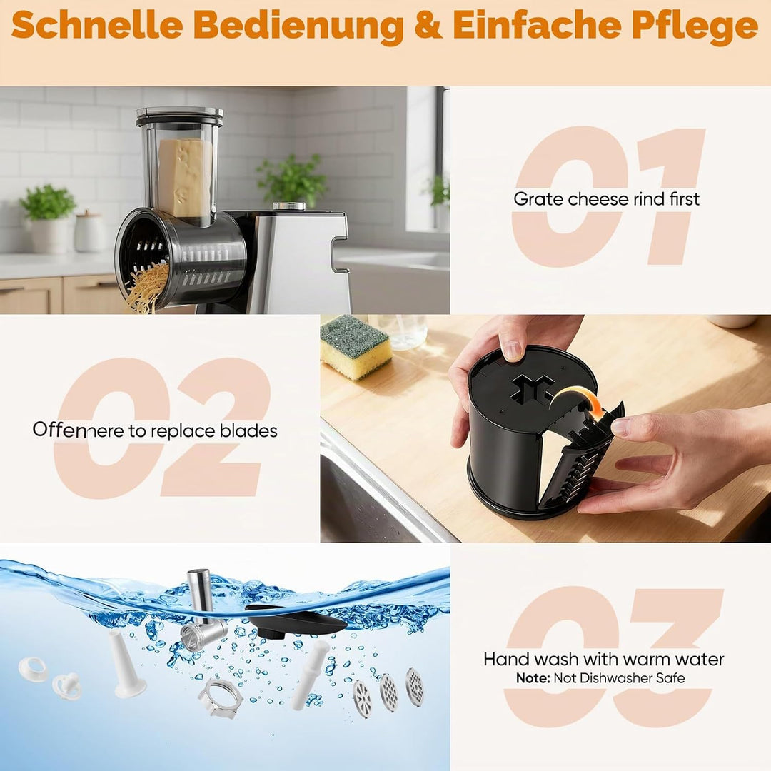 Fleischwolf Elektrisch 2800W, Küchenmaschine mit Gemüseaufsätzen und Käsereibe, 5-in-1 Multizerklein
