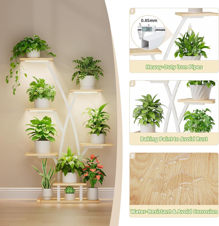 Pflanzenständer mit Wachstumslicht - 7 Ebenen Blumenständer 105cm Metall Holz Pflanzenregal - Innen