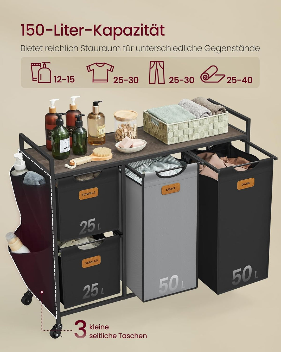 VASAGLE Wäschekorb, Wäschesammler, Wäschesortierer, Rollen, Wäschewagen mit Ablage, kleine seitliche