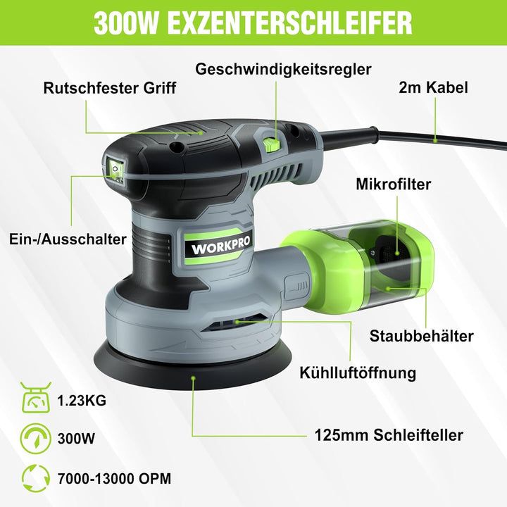 WORKPRO Exzenterschleifer 125mm, 300W Schleifmaschine 7000-13000 OPM, Multischleifer mit Absaugung u