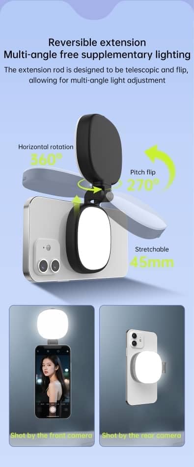 Magnetisches Selfie-Licht mit Spiegel für Smartphone, Multifunktional mit 360° Rotation, 270° Neigun