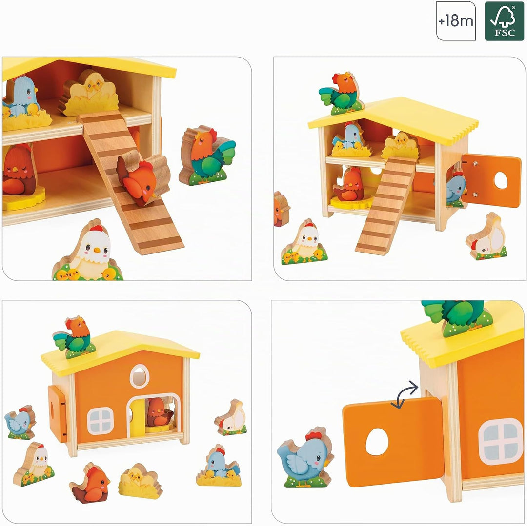 Janod First J03311 Kinderspielzeug, 1 Hühnerstall + 9 Hühner + 1 Leiter, FSC-Holzspiel, entwickelt G