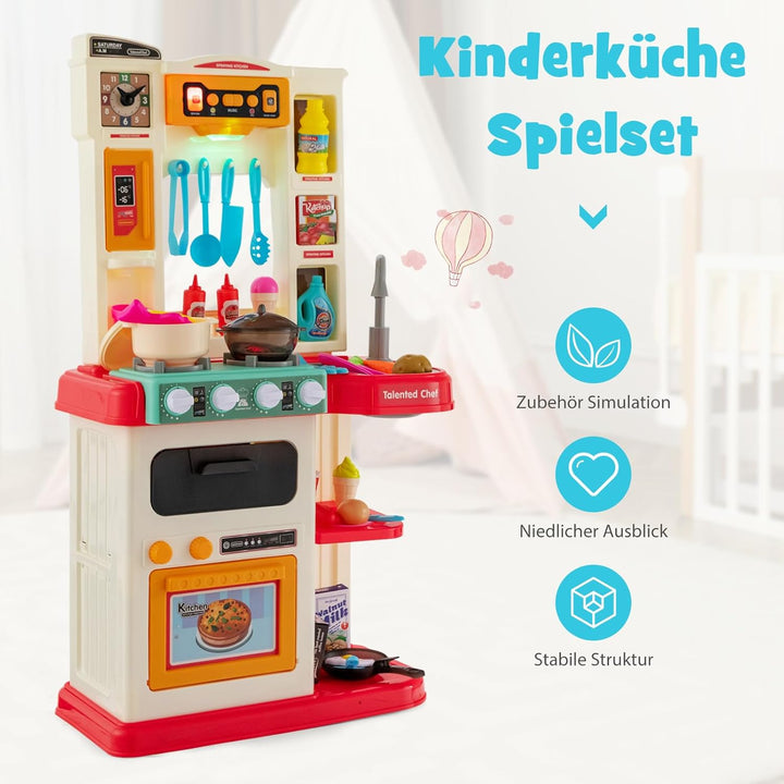 COSTWAY 65 TLG. Kinderküche mit Lichter, Musik und Sound, Spielküche inkl. Zubehör, Kinderspielküche