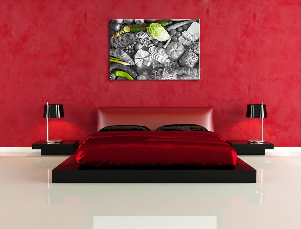 Früstücksplatte mit Gemüse schwarz/weiss Format: 100x70 auf Leinwand, XXL riesige Bilder fertig gera