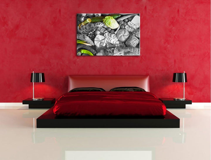 Früstücksplatte mit Gemüse schwarz/weiss Format: 100x70 auf Leinwand, XXL riesige Bilder fertig gera