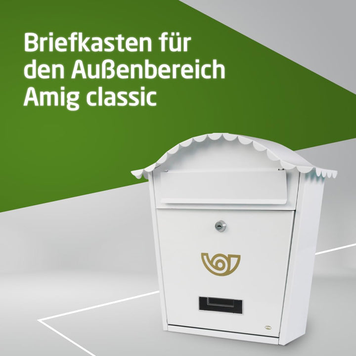 Amig 7463 - Aussenbriefkasten Modell 1, aus Stahl, Farbe Weiss, Masse 37 x 32 x 10,5 cm (DIN-A4-Papi