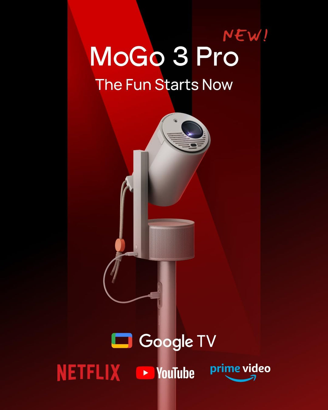 XGIMI MoGo 3 Pro 1080P Mini-Projektor, mit PowerBase-Ständer, Google TV mit lizenziertem Netflix, in