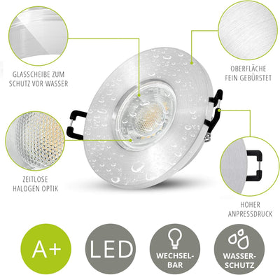 linovum 10er Set ISASO Bad Einbauspots LED in Alu silber gebürstet IP65 - mit LED GU10 6W warmweiss