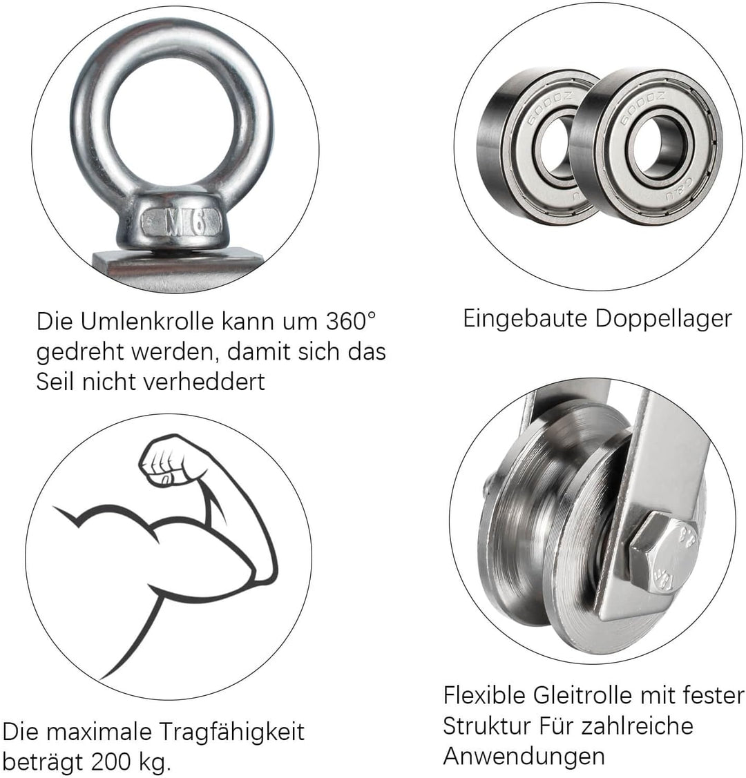40mm Umlenkrolle mit 2 Kugellager, Fitness flaschenzug mit Clip，Umlenkrollen für 8mm Seile Stahlseil