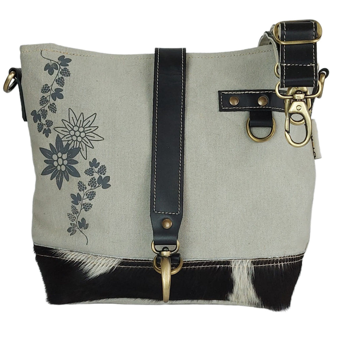 Domelo Damen Trachtentasche. Umhängetasche mit Edelweiss & Hopfenzweig Aufdruck. Graue Crossover Bag