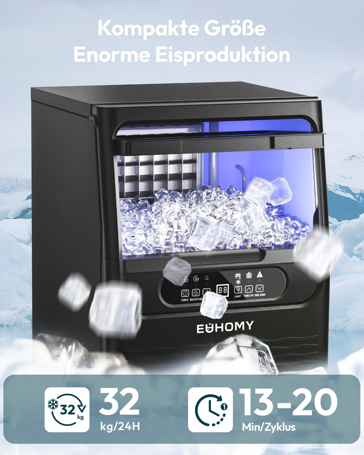 EUHOMY Gewerbliche Eiswürfelmaschine 32KG/24H | 36 Eiswürfel in 11 Min, Unterbau-Eismaschine mit Was