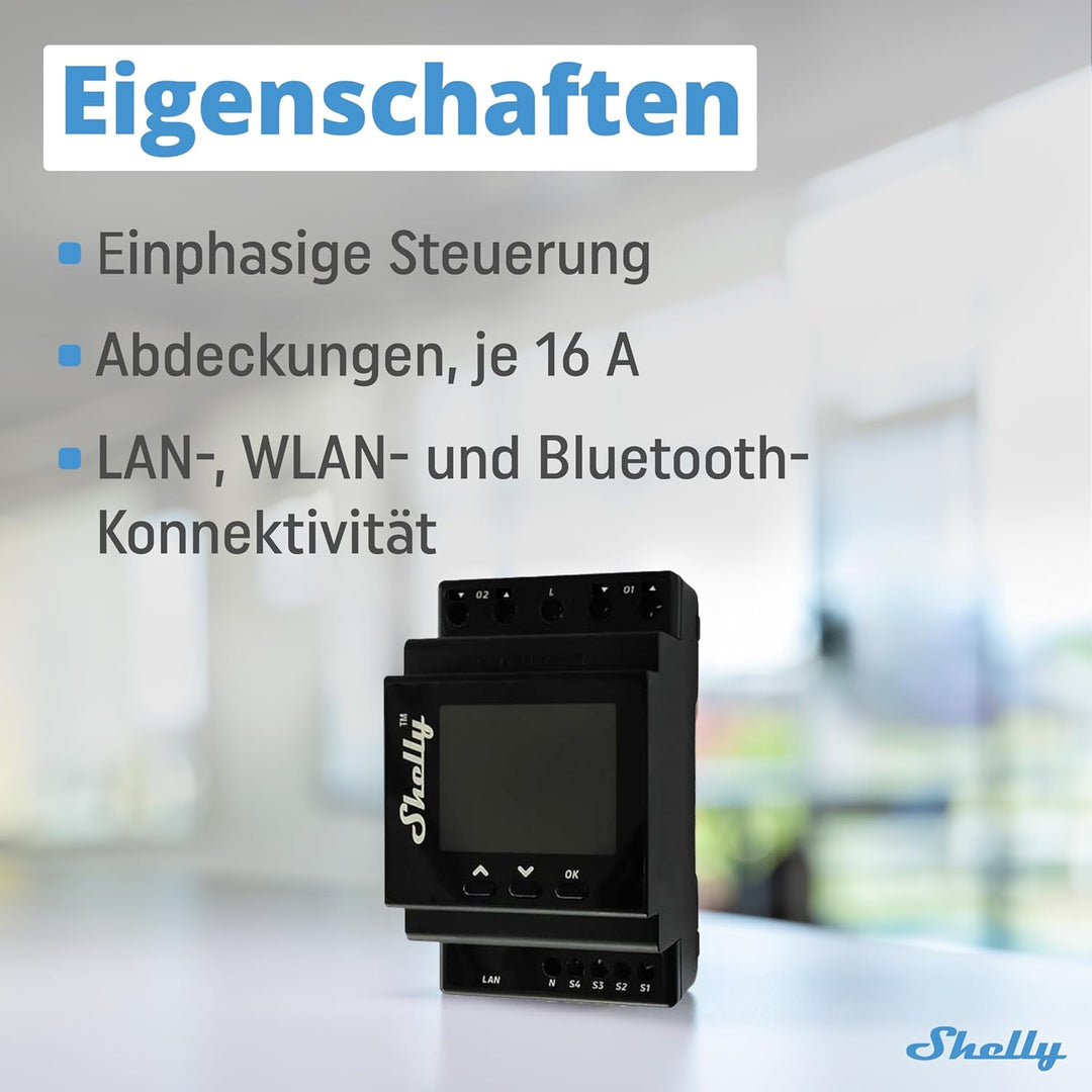 Shelly Pro Dual Cover/Shutter PM | LAN-, Wi-Fi- und Bluetooth-Verbindung, Professioneller DIN-Schien